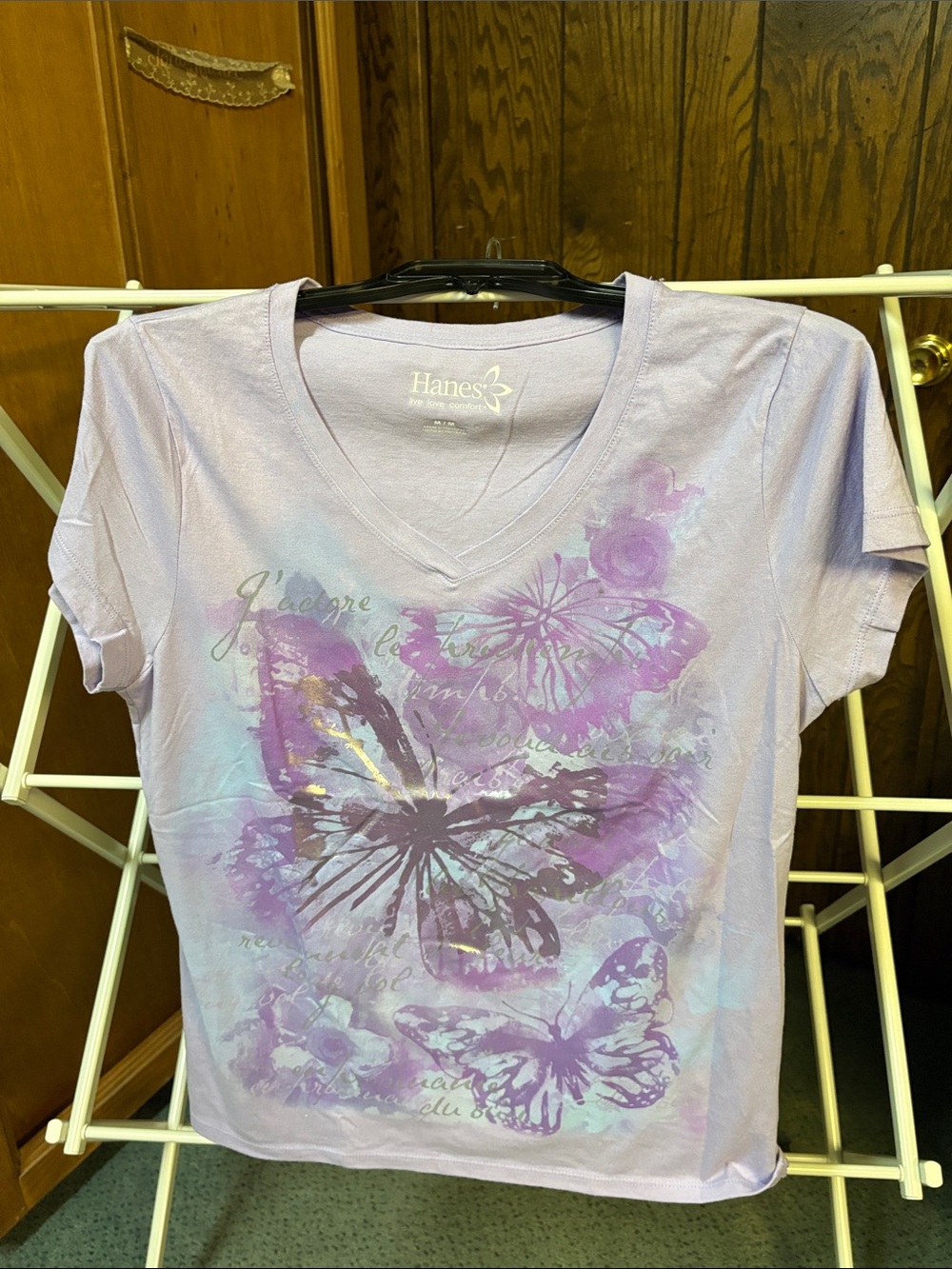 Hanes Lavender Short-Sleeve V-Neck Tee with Butterfly Print